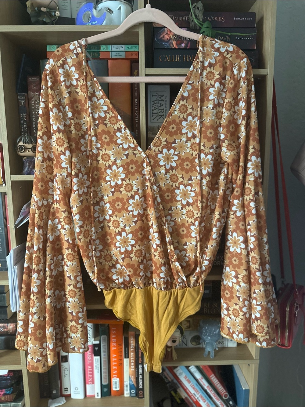 Peach Love California Mustard Floral Wrap Bodysuit with Bell Sleeves